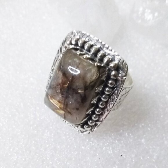 Sz 6.5 ~ Rutilated Quartz Ring! Square Cabochon! SouthWest Vibe! Wide Cigarband - Picture 8 of 10